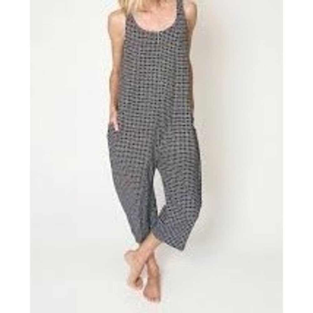 Ilana Kohn Navy White Grid Print Sleeveless Wide Leg Jumpsuit XS Pockets